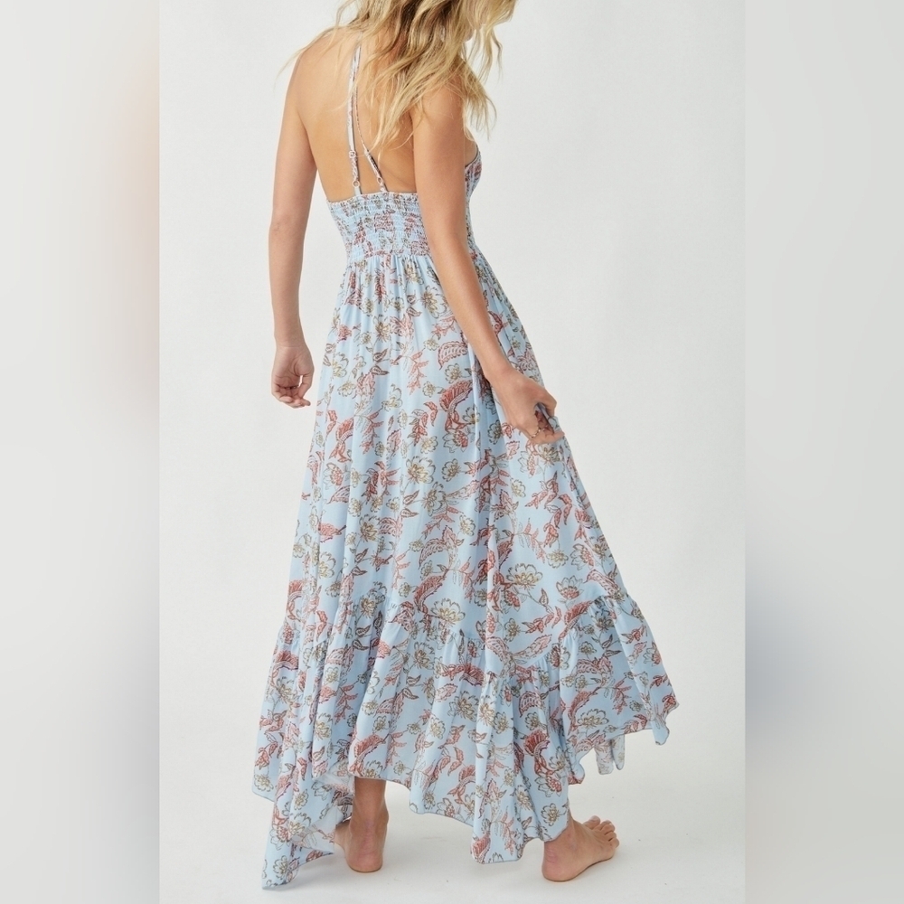 Free People Heat Wave Floral Print High/Low Dress in Robins Egg Combo S fairy